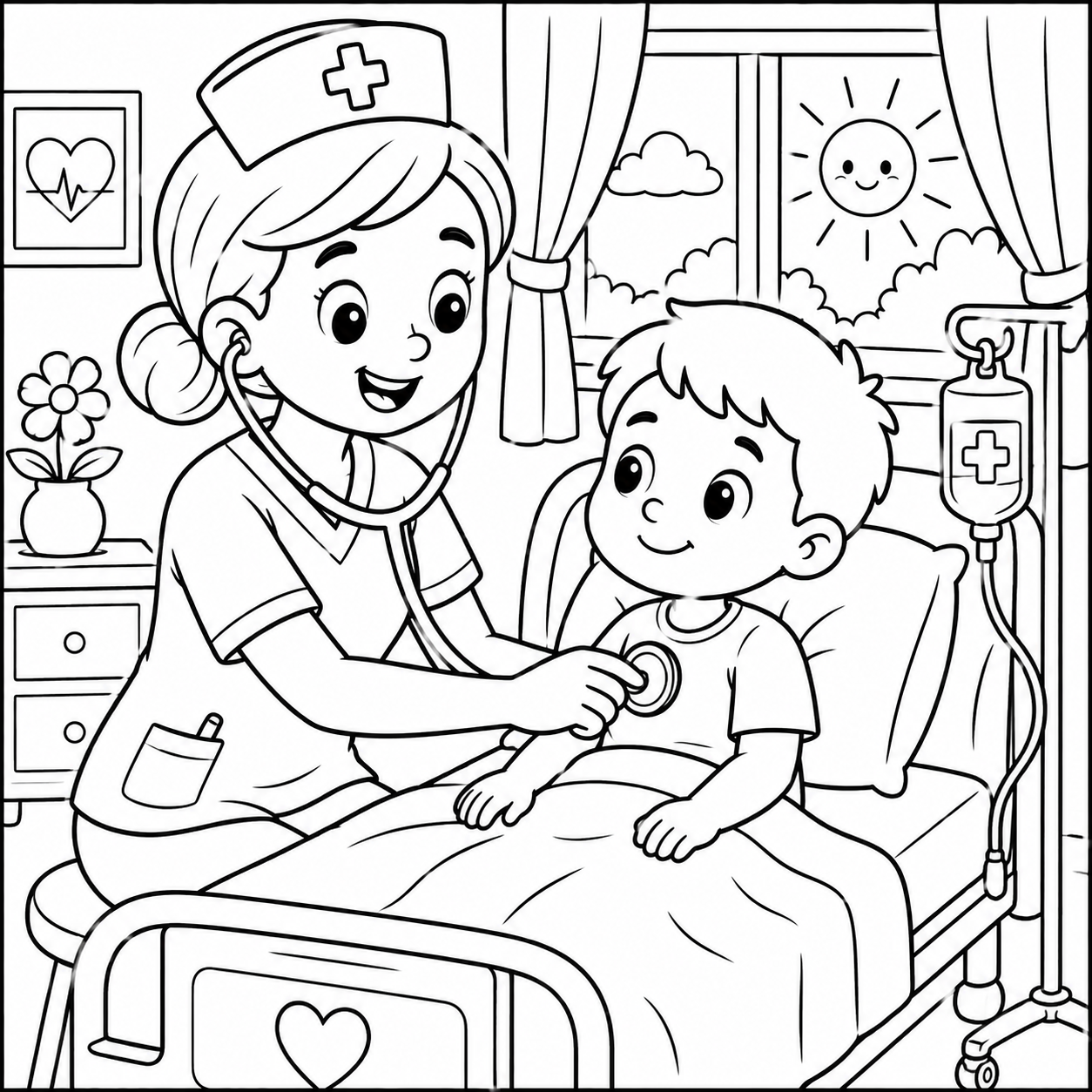 Nurse Caring for a Patient coloring page showing friendly nurse in scrubs with stethoscope